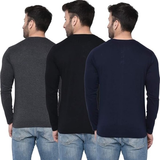 Solid Men Regular Fit Full Sleeve Round Neck Cotton Blend T-Shirt (Pack of 3)
