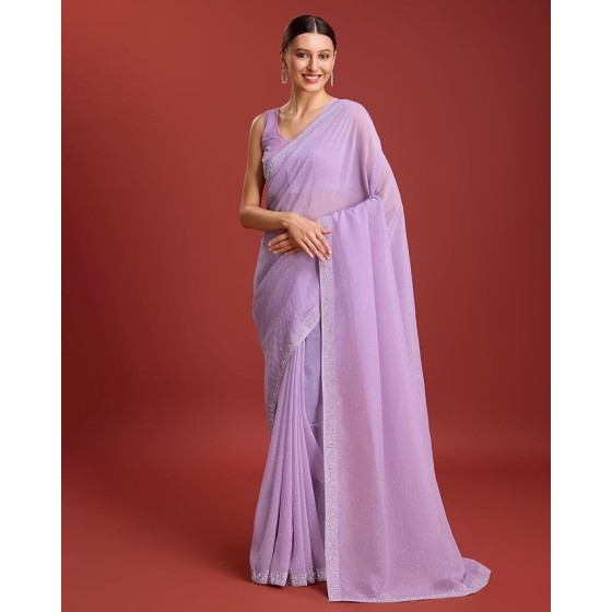 Women Plain Pre-Stitched Ruffled Saree with Unstitched Blouse Piece